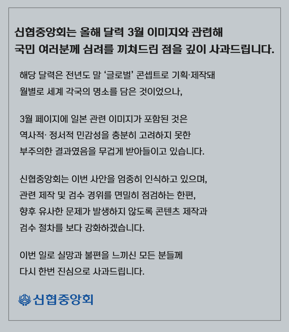 신협중앙회는 올해 달력 3월 이미지와 관련해 국민 여러분께 심려를 끼쳐드린 점을 깊이 사과드립니다.
해당 달력은 전년도 말 '글로벌' 콘셉트로 기획 제작돼 월별로 세계 각국의 명소를 담은 것이었으나,
3월 페이지에 일본 관련 이미지가 포함된 것은 역사적, 정서적 민감성을 충분히 고려하지 못한 부주의한 결과였음을 무겁게 받아들이고 있습니다.
신협중앙회는 이번 사안을 엄중히 인식하고 있으며, 고나련 제작 및 검수 경위를 면밀히 점검하는 한편, 향후 유사한 문제가 발생하지 않도록 콘텐츠 제작과 검수 절차를 보다 강화하겠습니다.
이번 일로 실망과 불편을 느끼신 모든 분들께 다시한번 진심으로 사과드립니다. 신협중앙회